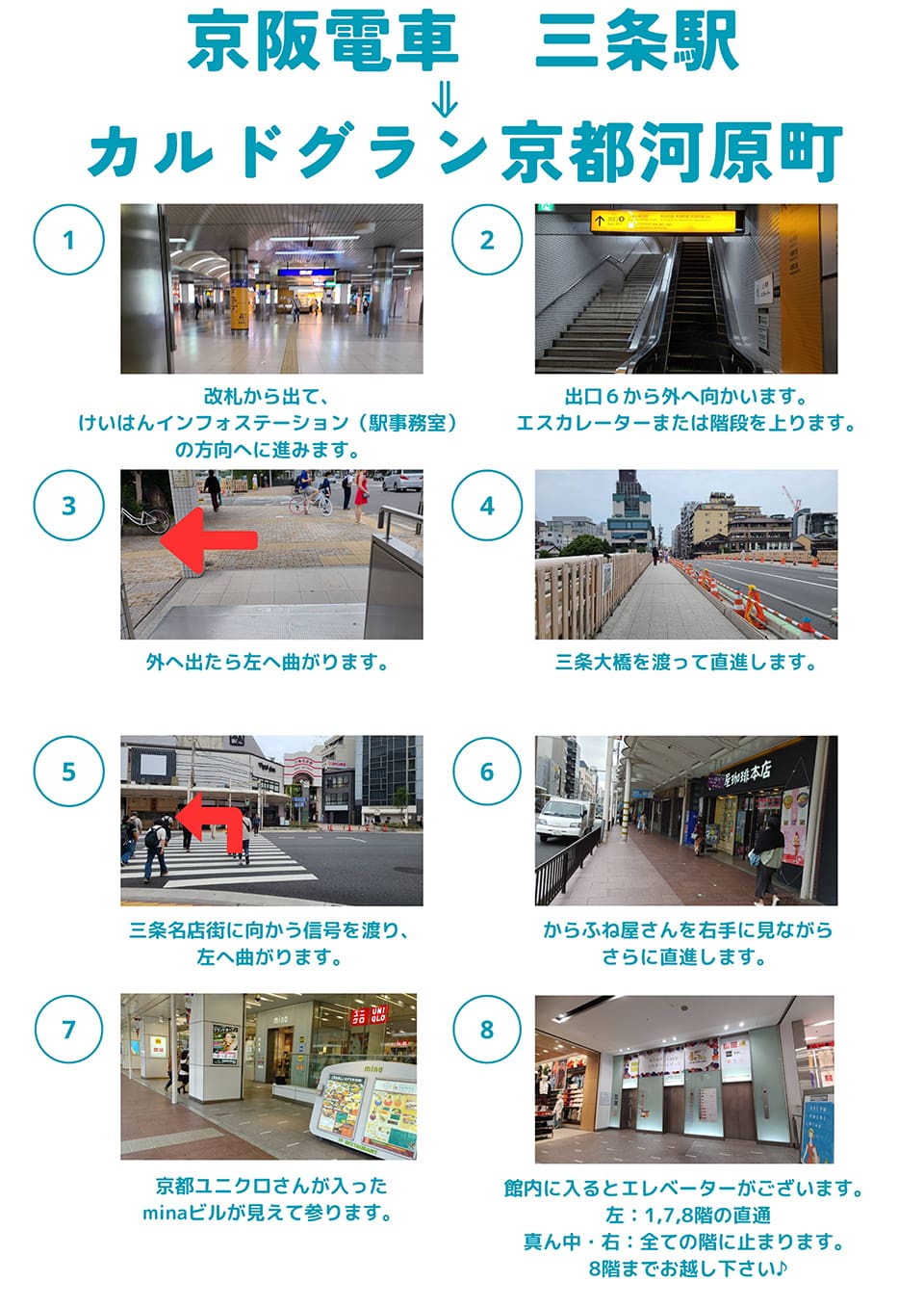 京阪電車三条駅→カルドグラン京都河原町：改札から出て、けいはんインフォメーション(駅事務室)の方向へ進みます→出口6から外へ向かいます。エスカレーターまたは階段を上ります→外へ出たら左へ曲がります→三条大橋を渡って直進します→三条名店街に向かう信号を渡り、左へ曲がります→からふね屋さんを右手に見ながらさらに直進します→京都ユニクロさんが入ったminaビルが見えて参ります→館内に入るとエレベーターがございます。左は1,7,8階の直通・真ん中と右は全ての階に止まります。8階までお越し下さい♪