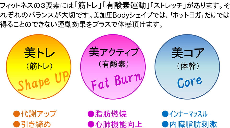 フィットネスの3要素には「筋トレ」「有酸素運動」「ストレッチ」があります。それぞれのバランスが大切です。美加圧Bodyシェイプでは、ホットヨガだけでは得ることのできない運動効果をプラスで体感いただけます。
