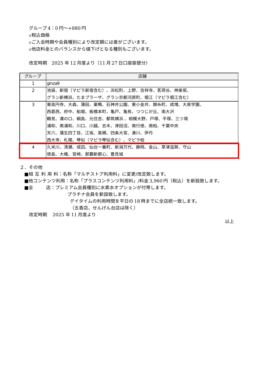 月会費の改定およびその他