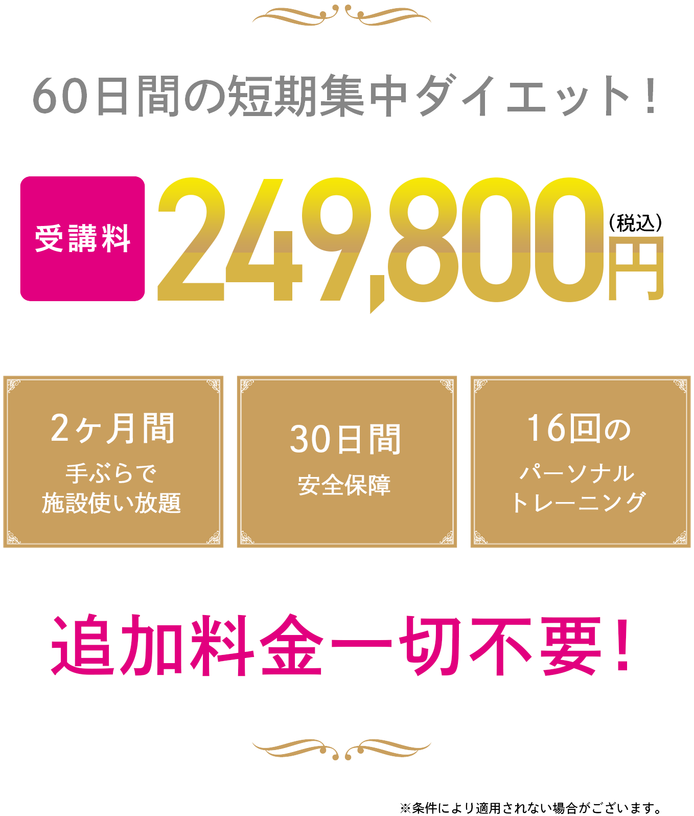 60日間の短期集中ダイエット！ 2ヶ月間手ぶらで施設使い放題・30日間安全保障・160時間パーソナルトレーニング 追加料金一切不要！ ※条件により適用されない場合がございます。