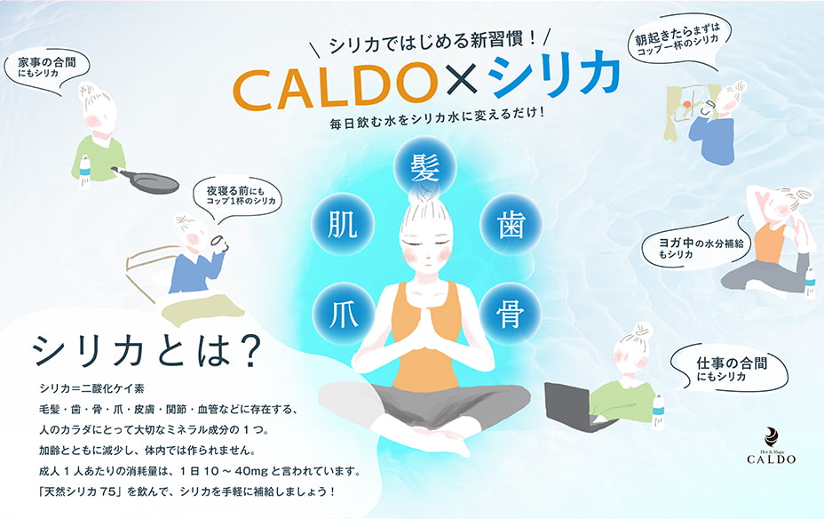 シリカではじめる新習慣！CALDO×シリカ 毎日飲む水をシリカ水に変えるだけ！(家事の合間にもシリカ・夜寝る前にもコップ1杯のシリカ・朝起きたらまずはコップ1杯のシリカ・ヨガ中の水分補給もシリカ・仕事の合間にもシリカ) シリカとは？(シリカ=二酸化ケイ素)毛髪・歯・骨・爪・皮膚・関節・血管などに存在する、人のカラダにとって大切なミネラル成分の1つ。加齢とともに減少し、体内では作られません。成人1人あたりの消耗量は、1日10〜40mgと言われています。「天然シリカ75」を飲んで、シリカを手軽に補給しましょう！
