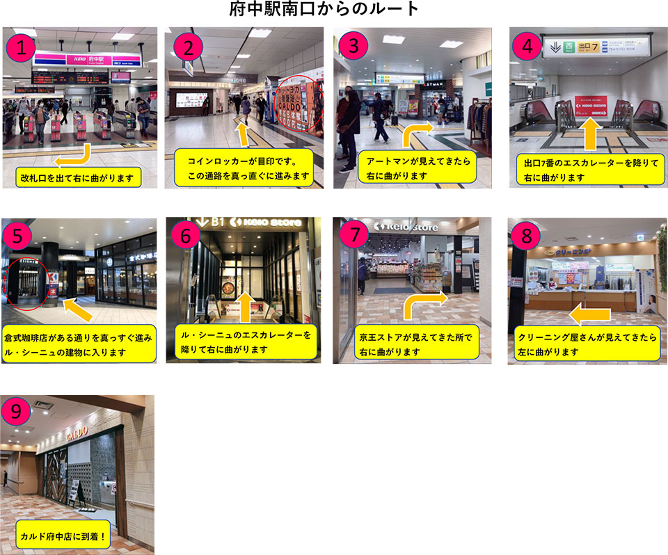 府中駅南口からのルート：改札口を出て右に曲がります→コインロッカーが目印です。この通路を真っ直ぐに進みます→アートマンが見えてきたら右に曲がります→出口7番のエスカレーターを降りて右に曲がります→倉敷珈琲店がある通りを真っ直ぐ進みル・シーニュの建物に入ります→ル・シーニュのエスカレーターを降りて右に曲がります→京王ストアが見えてきた所で右に曲がります→クリーニング屋さんが見えてきたら左に曲がります→カルド府中店に到着！