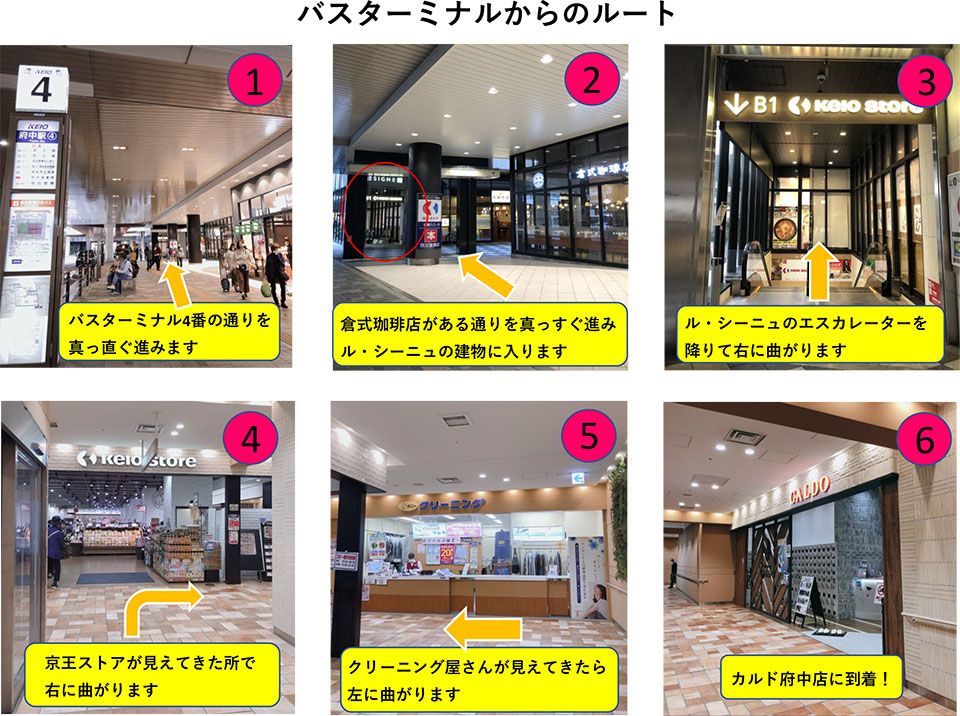 バスターミナルからのルート：バスターミナル4番の通りを真っ直ぐ進みます→倉敷珈琲店がある通りを真っ直ぐ進みル・シーニュの建物に入ります→ル・シーニュのエスカレーターを降りて右に曲がります→京王ストアが見えてきた所で右に曲がります→クリーニング屋さんが見えてきたら左に曲がります→カルド府中店に到着！