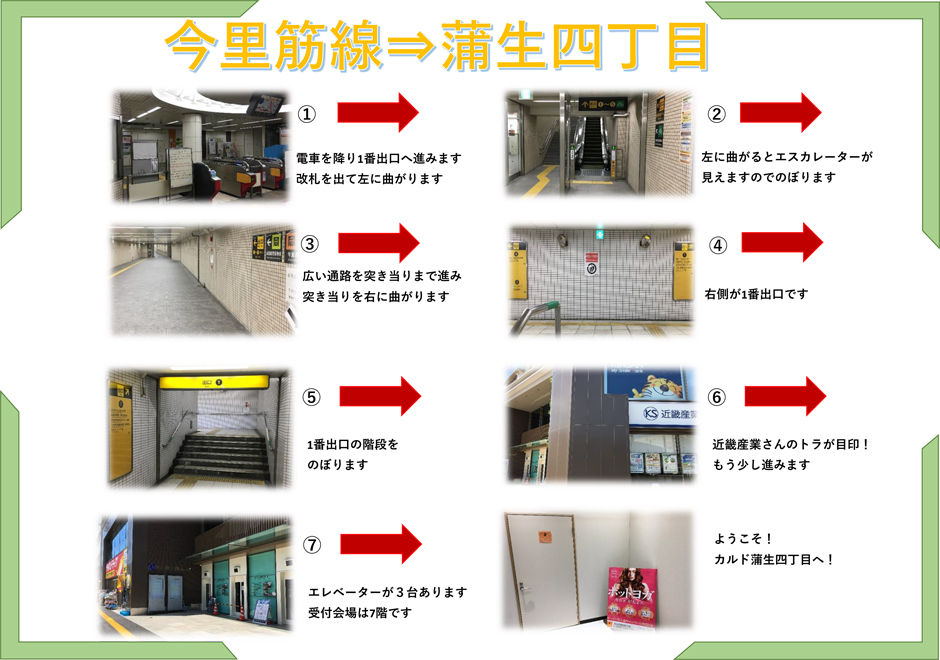今里筋線→蒲生四丁目：電車を降り1番出口へ進みます。改札を出て左に曲がります→左に曲がるとエスカレーターが見えますのでのぼります→広い通路を突き当たりまで進み突き当たりを右に曲がります→右側が1番出口です→1番出口の階段をのぼります→近畿産業さんのトラが目印！もう少し進みます→エレベーターが3台あります。受付会場は7階です→ようこそ！カルド蒲生四丁目へ！