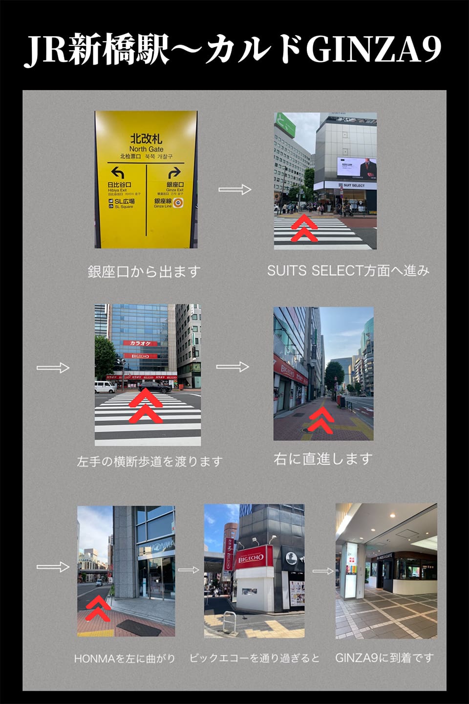 JR新橋駅〜カルドGINZA9：銀座口から出ます→SUITS SELECT方面へ進み→左手の横断歩道を渡ります→右に直進します→HONMAを左に曲がり→ビッグエコーを通り過ぎると→GINZA9に到着です