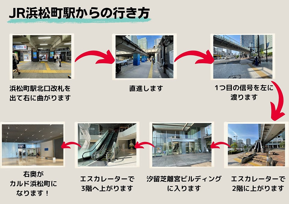 JR浜松町駅からの行き方：浜松町駅北口改札を出て右に曲がります→直進します→1つ目の信号を左に渡ります→エスカレーターで2階に上がります→汐留芝離宮ビルディングに入ります→エスカレーターで3階へ上がります→右奥がカルド浜松町になります！