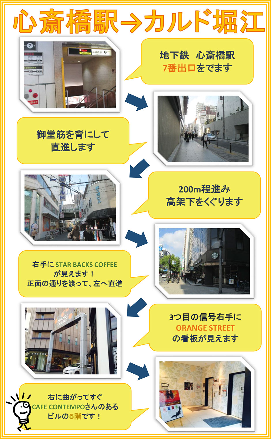 心斎橋駅→カルド堀江：地下鉄心斎橋駅7番出口を出ます→御堂筋を背にして直進します→200m程進み高架下をくぐります→右手にSTAR BACKS COFFEEが見えます！正面の通りを渡って、左へ直進→3つ目の信号右手にORANGE STREETの看板が見えます→右に曲がってすぐCAFE CONTEMPOさんのあるビルの5階です！