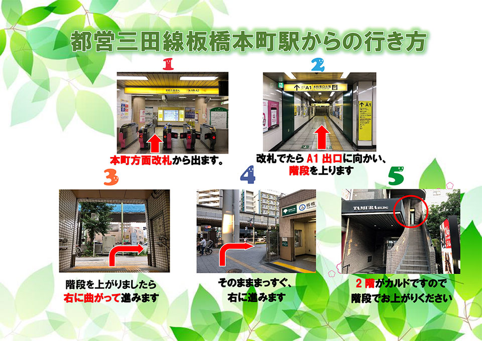 都営三田線板橋本町駅からの行き方：本町方面改札から出ます→改札出たらA1出口に向かい、階段を上ります→階段を上がりましたら右に曲がって進みます→そのまままっすぐ、右に進みます→2階がカルドですので階段へお上がりください