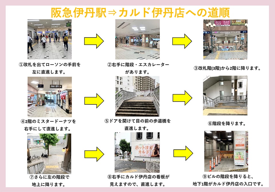 阪急伊丹駅→カルド伊丹店への道順：改札を出てローソンの手前を左に直進します→右手に階段・エスカレーターがあります→改札階(3階)から2階に降ります→2階のミスタードーナツを右手にして直進します→ドアを開けて目の前の歩道橋を直進します→階段を降ります→さらに左の階段で地上に降ります→右手にカルド伊丹店の看板が見えますので、直進します→ビルの階段を降りると、地下1階がカルド伊丹店の入口です。