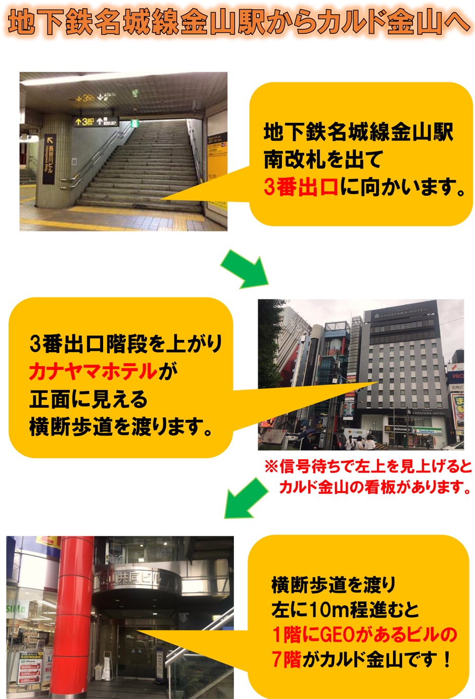 地下鉄名城線金山駅からカルド金山へ：地下鉄名城線金山駅南改札を出て3番出口に向かいます→3番出口階段を上がりカナヤマホテルが正面に見える横断歩道を渡ります(信号待ちで左上を見上げるとカルド金山の看板があります)→横断歩道を渡り左に10m程進むと1階にGEOがあるビルの7階がカルド金山です！