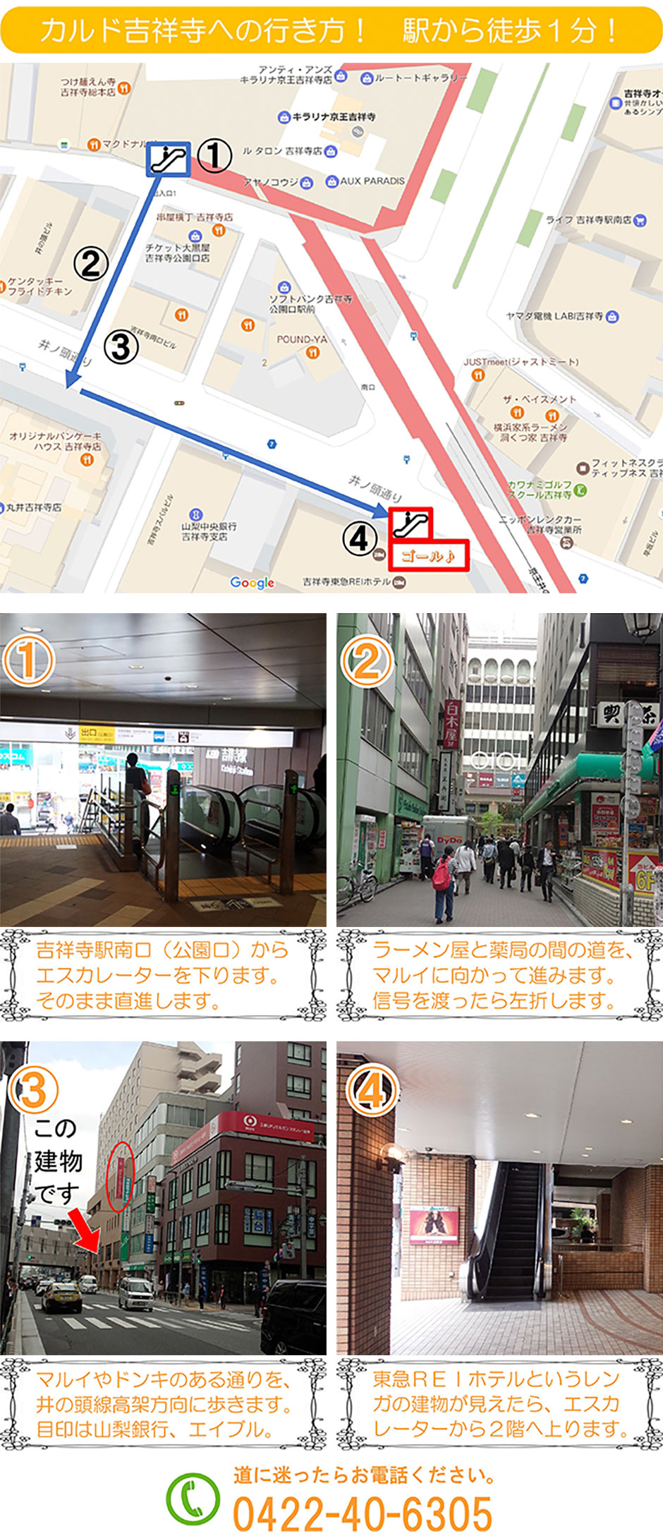カルド吉祥寺への行き方 駅から徒歩1分：吉祥寺駅南口(公園口)からエスカレーターを下ります。そのまま直進します→ラーメン屋と薬局の間の道をマルイに向かって進みます。信号を渡ったら左折します→マルイやドンキのある通りを、井の頭線高架方向に歩きます。目印は山梨銀行・エイブル→東急REIホテルというレンガの建物が見えたら、エスカレーターから2階へ上がります