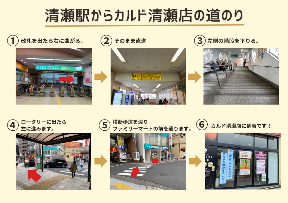清瀬駅からカルド清瀬店の道のり：改札を出たら右に曲がる→そのまま直進→左側の階段を下りる→ロータリーに出たら左に進みます→横断歩道を渡りファミリーマートの前を通ります→カルド清瀬店に到着です！