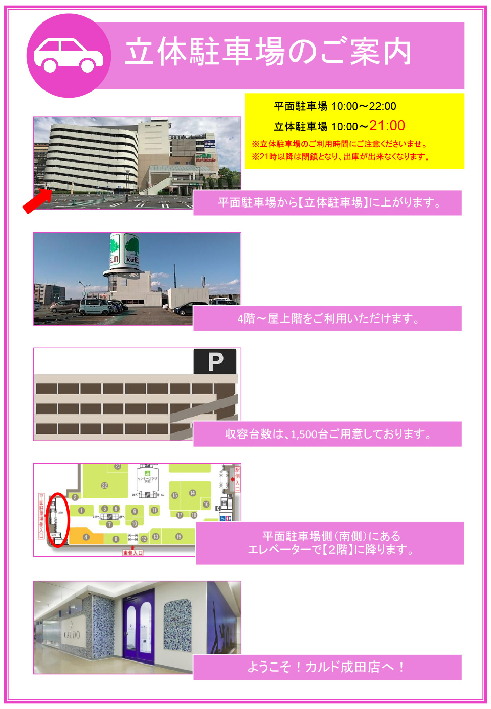 立体駐車場のご案内：平面駐車場から立体駐車場に上がります→4階〜屋上階をご利用いただけます→収容台数は、1,500台ご用意しております→平面駐車場側(南側)にあるエレベーターで2階に降ります→ようこそ！カルド成田店へ！