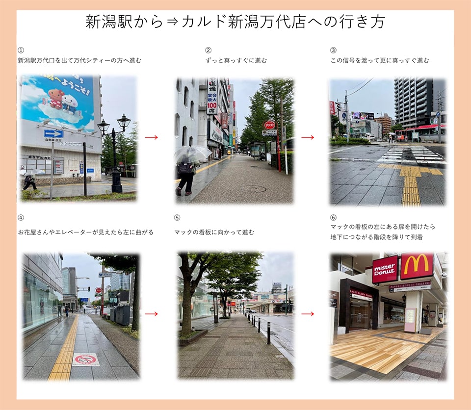 新潟駅から→カルド新潟万代店への行き方：新潟駅万代口を出て万代シティーの方へ進む→ずっとまっすぐ進む→この信号を渡って更に真っすぐ進む→お花屋さんやエレベーターが見えたら左に曲がる→マックの看板に向かって進む→マックの看板の左にある扉を開けたら地下につながる階段を下りて到着