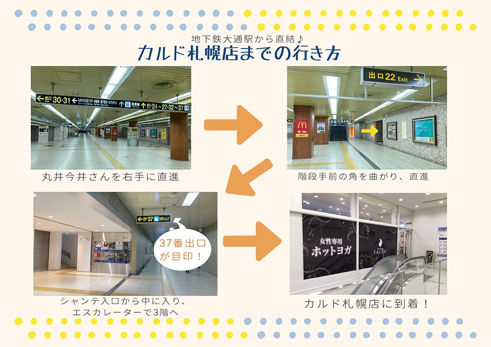 カルド札幌への行き方(地下鉄大通駅から直結♪)：丸井今井さんを右手に直進→階段手前の角を曲がり、直進→シャンテ入口から中に入り、エスカレーターで3階へ→カルド札幌店に到着！