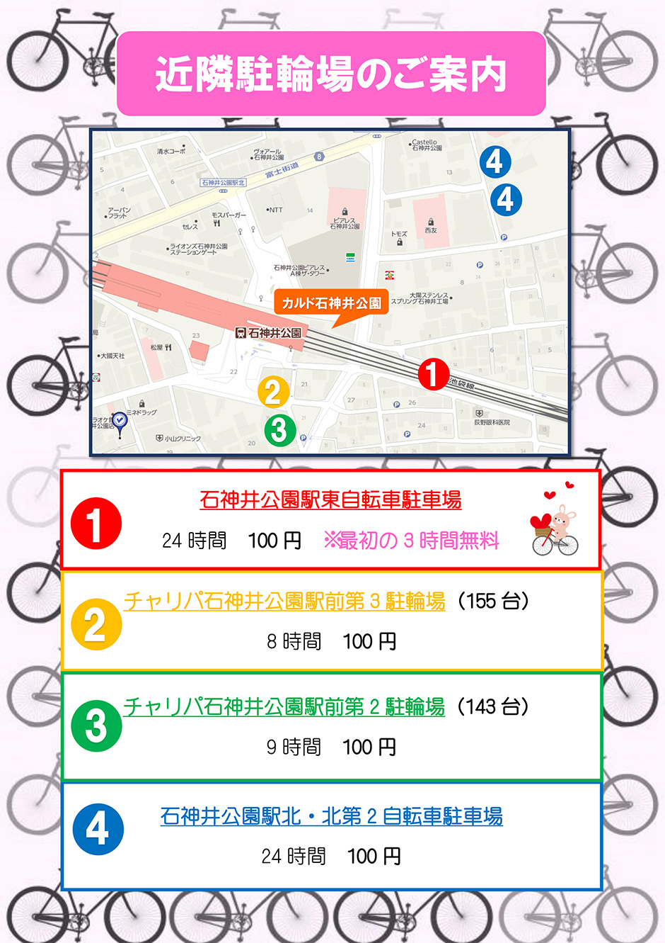 近隣駐輪場のご案内：石神井公園駅東自転車駐車場・チャリパ石神井公園駅前第3駐輪場[155台]・チャリパ石神井公園駅前第2駐輪場[143台]・石神井公園駅北,北第2自転車駐車場