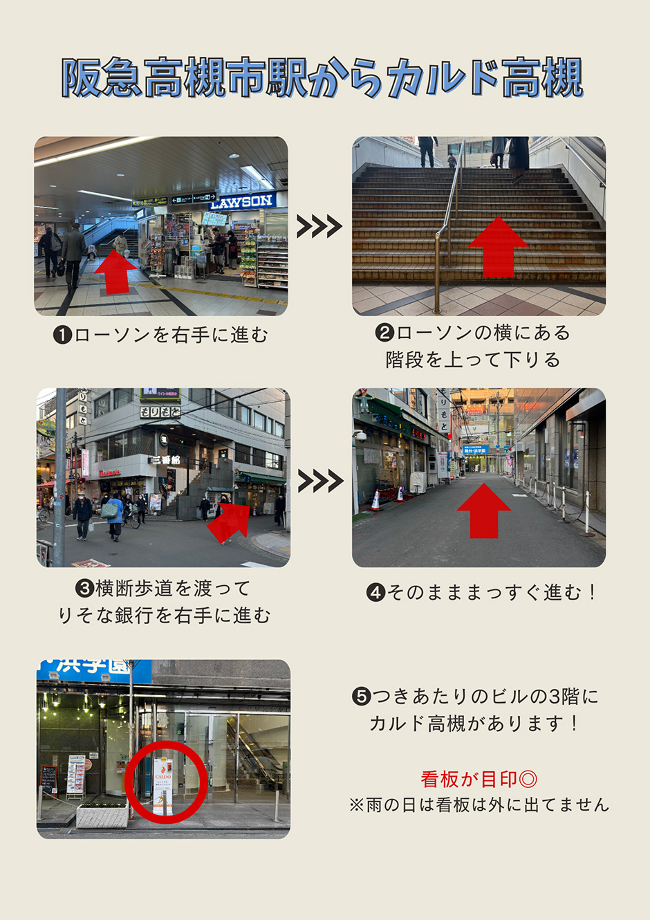 阪急高槻市駅からカルド高槻まで：阪急高槻市駅到着！改札を出て正面のエスカレーターを降りる！→エスカレーターを降りて右へ進む！→横断歩道が見えます。渡りましょう！→横断歩道を渡り、矢印の方向へ進みます！→正面ビル3階がカルド高槻店です！