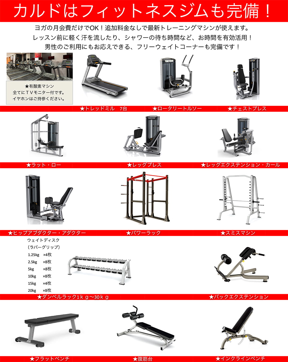カルドはフィトネスジムも完備！ヨガの月会費だけでOK！追加料金なしで最新トレーニングマシンが使えます。レッスン前に軽く汗を流したり、シャワーの待ち時間など、お時間を有効活用！男性のご利用にもお応えできる、フリーウェイトコーナーも完備です！(トレッドミル7台、ロータリートルソー、チェストプレス、ラット・ロー、レッグプレス、レッグエクステンション・カール、ヒップアブダクター・アダクター、パワーラック、スミスマシン、ダンベルラック1kg〜30kg、バックエクステンション、フラットベンチ、腹筋台、インクラインベンチ)